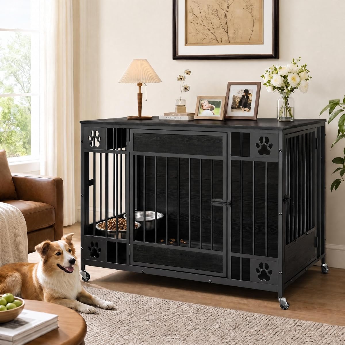 Dog Crate Furniture, 41" Large Dog Kennel with Triple Doors, Black