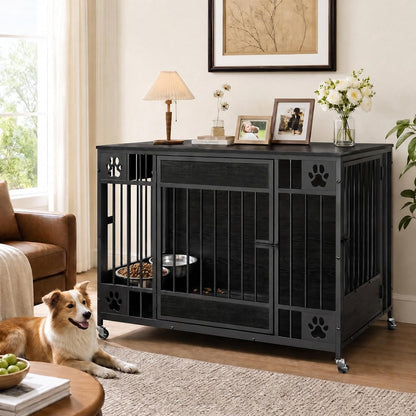 Dog Crate Furniture, 41" Large Dog Kennel with Triple Doors, Black