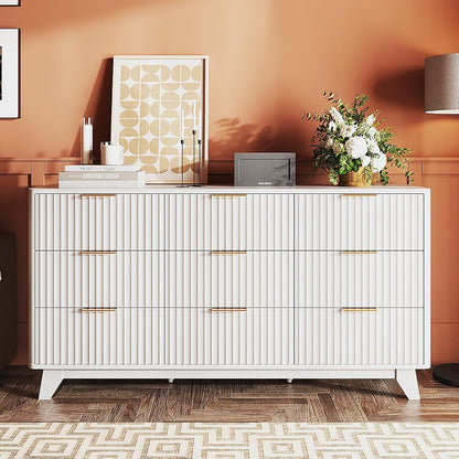 9 Drawer Dresser White Fluted Dresser for Bedroom with Rounded Edges