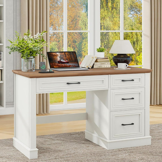 Farmhouse 47" Executive Desk, Computer Desk with Drawers and File Drawer, Workstation Computer Desk with Charging Station for Home Office,Study,Unique White.