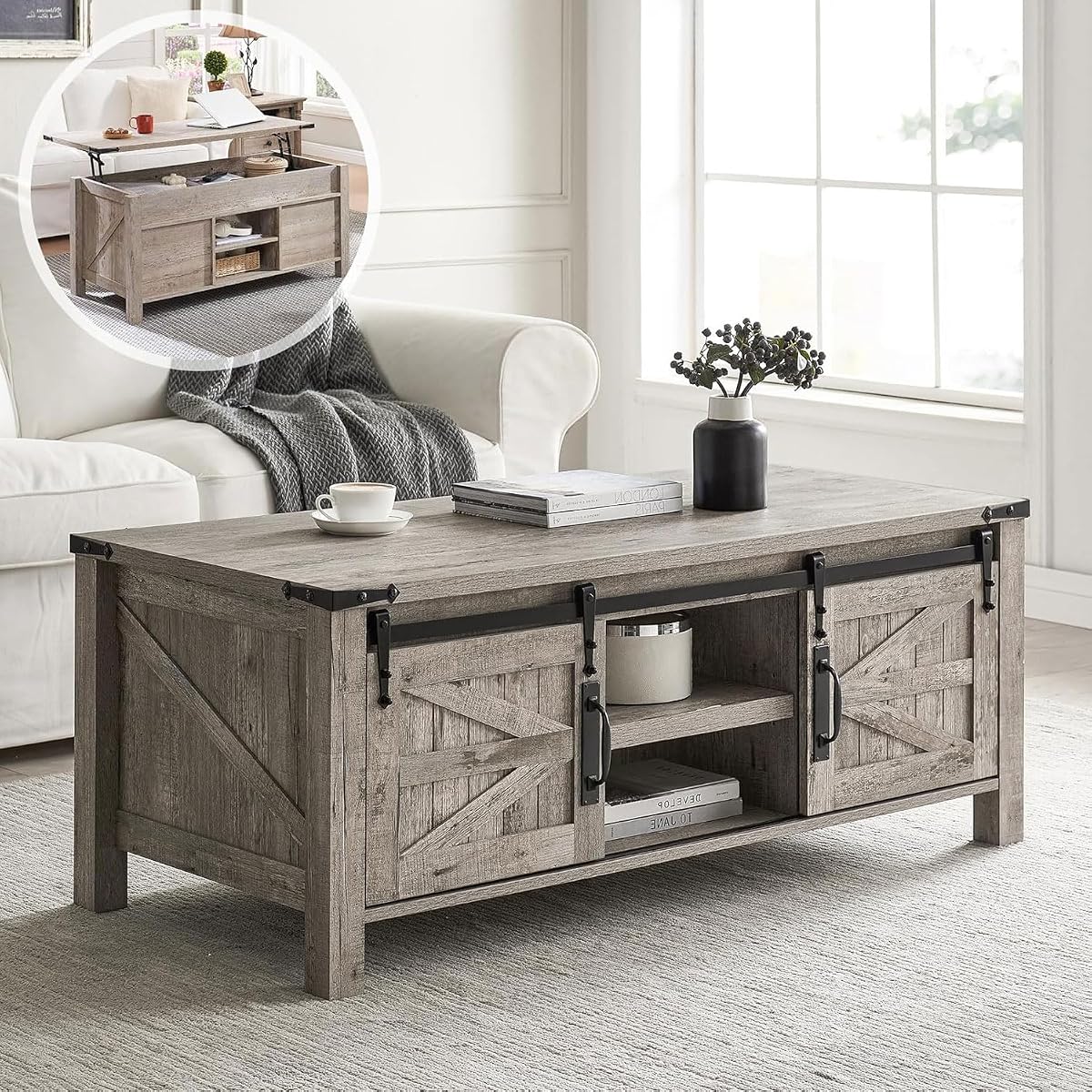 48" Farmhouse Lift Top Coffee Table with Sliding Barn Door,Rustic Center Table w/Hidden Storage Compartment, Lift Tabletop Dining Table w/Adjustable Shelf for Living Room,Light Rustic Oak