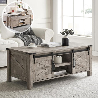 48" Farmhouse Lift Top Coffee Table with Sliding Barn Door,Rustic Center Table w/Hidden Storage Compartment, Lift Tabletop Dining Table w/Adjustable Shelf for Living Room,Light Rustic Oak