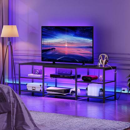 LED TV Stand for 75 Inch TVs with Charging Station, Gaming Entertainment Center with 3-Tier Open Storage, Long 63” Media TV Console Table, TV Stand for Living Room, Bedroom, Black BB21UDDS01