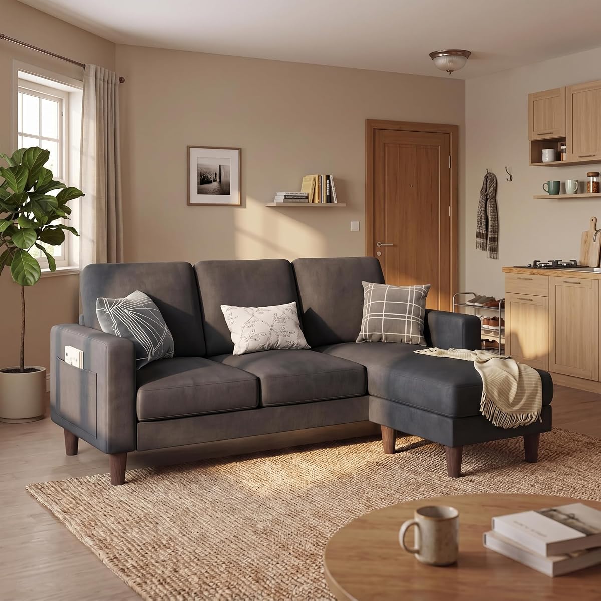 72" L Shaped Sofa Couches for Small Spaces, Apartment Charcoal Gray