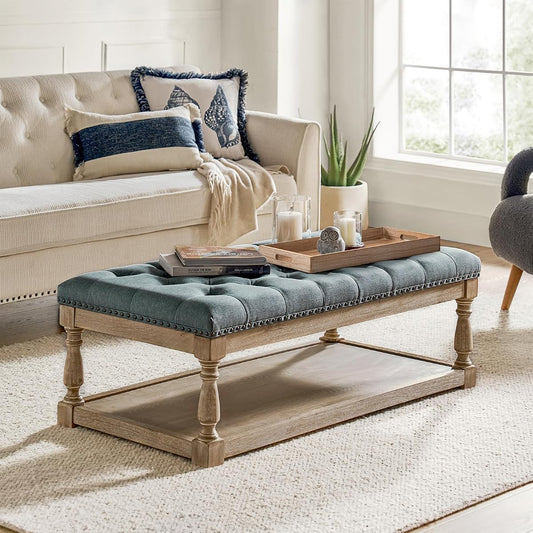 Storage Tufted Ottoman Coffee Table with Solid Wood Legs, Blue | with Tray & Shelf, Button Tufted Top Upholstered, Large Rectangle Cocktail Ottoman for Living Room Bedroom