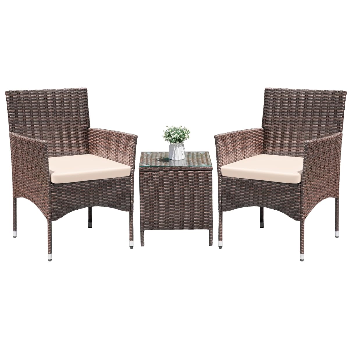 3 Pieces Patio Dining PE Rattan Wicker Chair Furniture Set with Cushion and Glass Coffee Table for Outdoor Garden Backyard Poolside, Brown and Beige