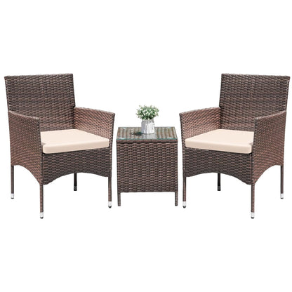 3 Pieces Patio Dining PE Rattan Wicker Chair Furniture Set with Cushion and Glass Coffee Table for Outdoor Garden Backyard Poolside, Brown and Beige