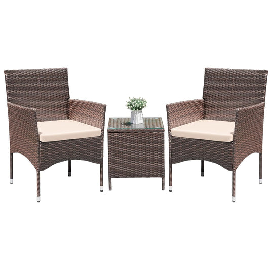 Brown and beige 3 piece rattan patio set with glass table