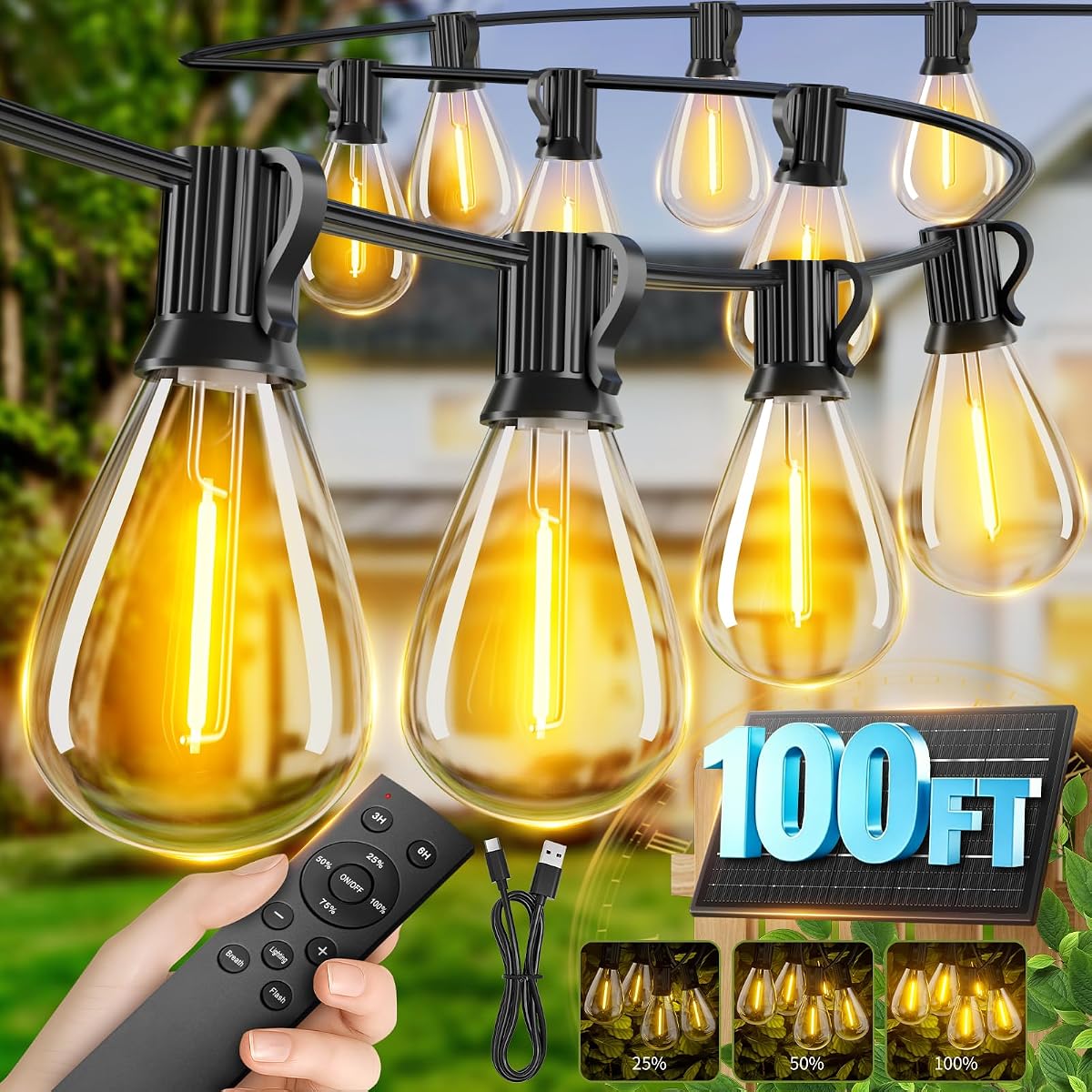 100FT Solar String Lights Outdoor Waterproof, 35+1 LED Solar Powered Lights with Remote Control, 3 Light Modes & Dimmable, USB-C Charging for Patio, Backyard, Garden, Camping