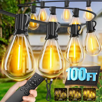 100FT Solar String Lights Outdoor Waterproof, 35+1 LED Solar Powered Lights with Remote Control, 3 Light Modes & Dimmable, USB-C Charging for Patio, Backyard, Garden, Camping