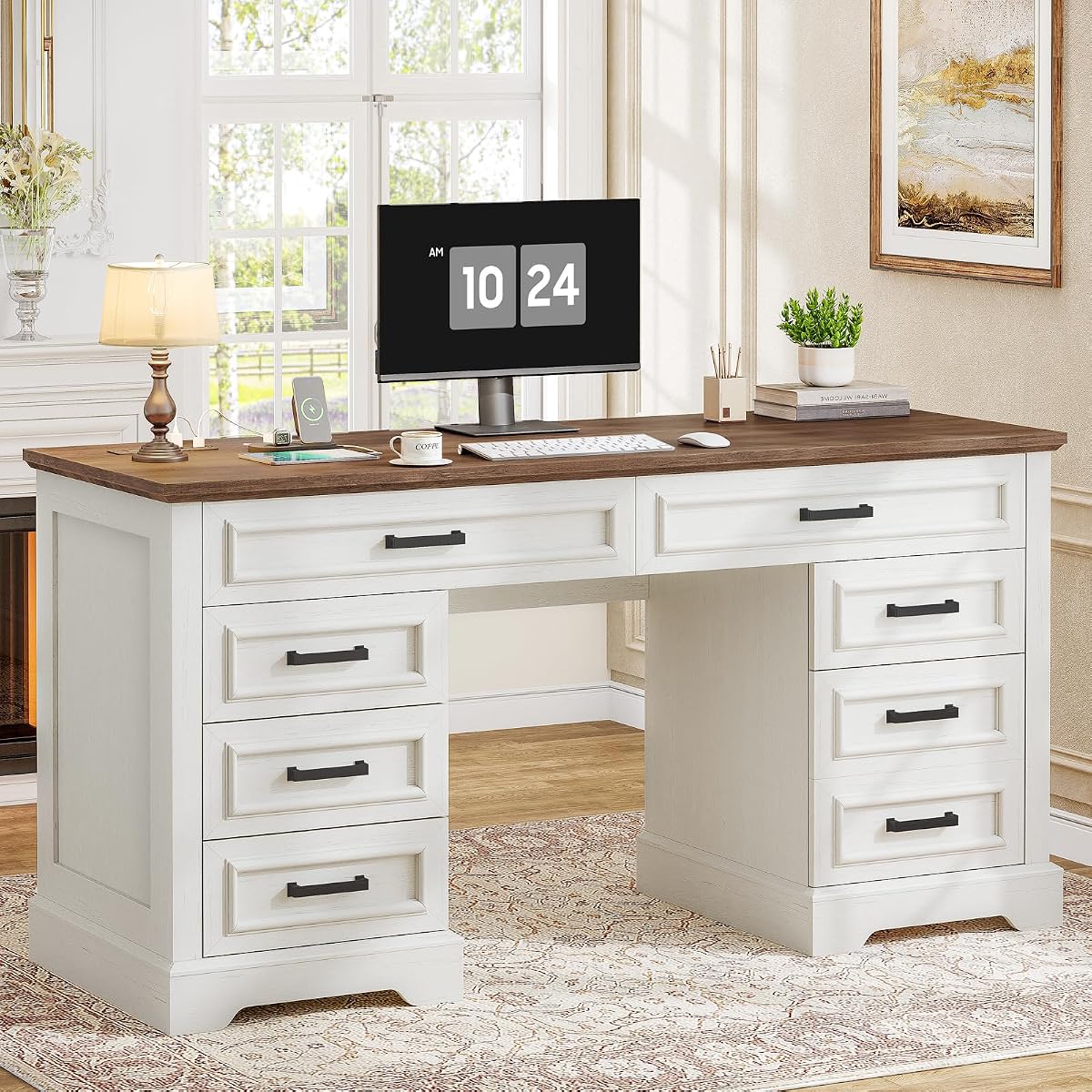 58" Executive Desk with 7 Drawers, Large Computer Desk with Charging Station