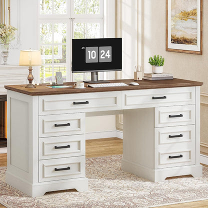 58" Executive Desk with 7 Drawers, Large Computer Desk with Charging Station