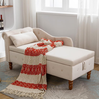 Beige Velvet Chaise Lounger with Storage for Bedroom & Living Room