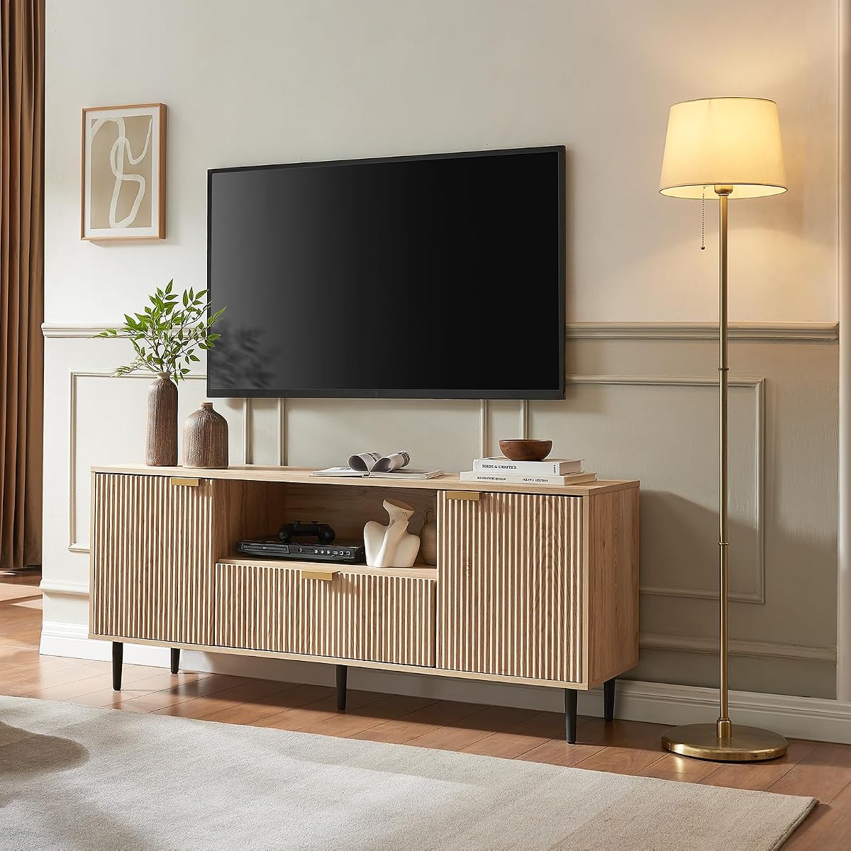 Modern Fluted TV Stand for 65 Inch TVs with Drawer, Oak | Modern fluted TV stand with drawer, storage cabinets, soft-close hinges and cable management, perfect for living rooms.