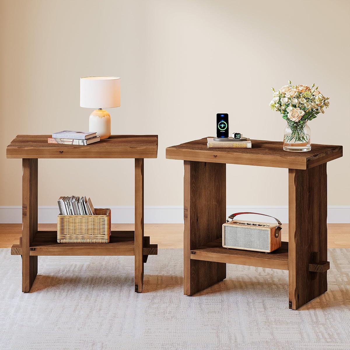Solid Wood Side Table, Wooden End Table with Solid Base, Accent Furniture Bedside Storage for Living Room and Bedroom (2, Brown)