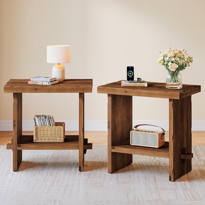 Solid Wood Side Table, Wooden End Table with Solid Base, Accent Furniture Bedside Storage for Living Room and Bedroom (2, Brown)