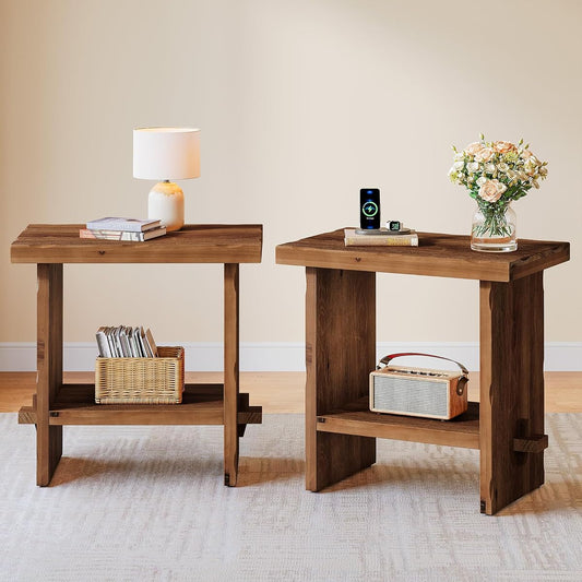 Solid Wood Side Table, Wooden End Table with Solid Base, Accent Furniture Bedside Storage for Living Room and Bedroom (2, Brown)