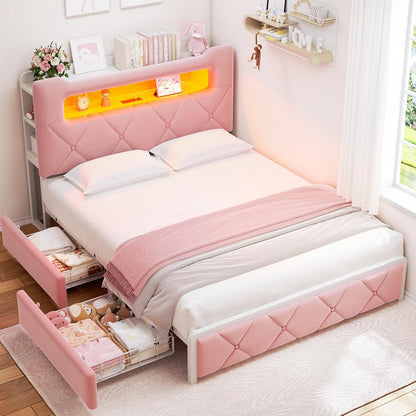 Velvet Princess Bed with Storage, Charging, Pink