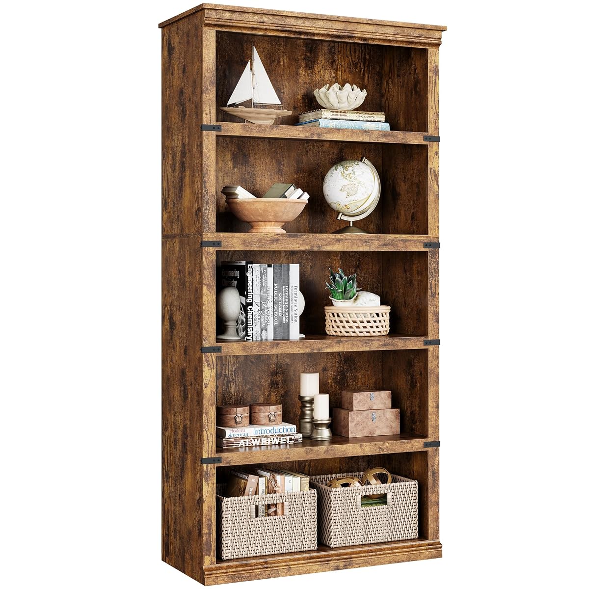 5 Tier Bookcase, Farmhouse Book Shelf with Storage, 71" Tall Book Case Wooden 5 Shelf Bookcase for Home Office, Living Room, Bed Room (Vintage, 67.4" H x 31.5" W x 12.8" D)
