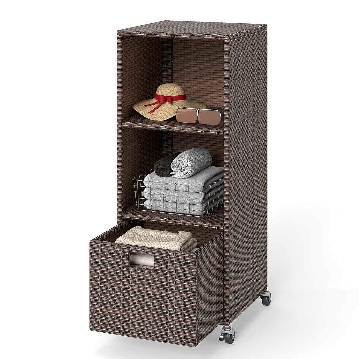 Wicker Outdoor Storage Cabinet - Rattan Pool Towel Rack on Wheels w/Shelves and Drawer, Tall Patio Furniture Outside Caddy Organizer for Porch Deck, Garden Tool & Hot Tub Accessory Storage