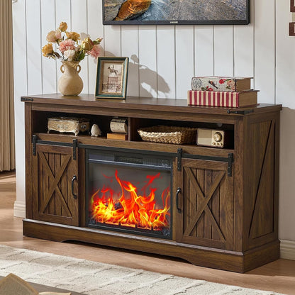 58" Fireplace TV Stand for TV up to 65 Inch with Farmhouse Sliding Barn Doors