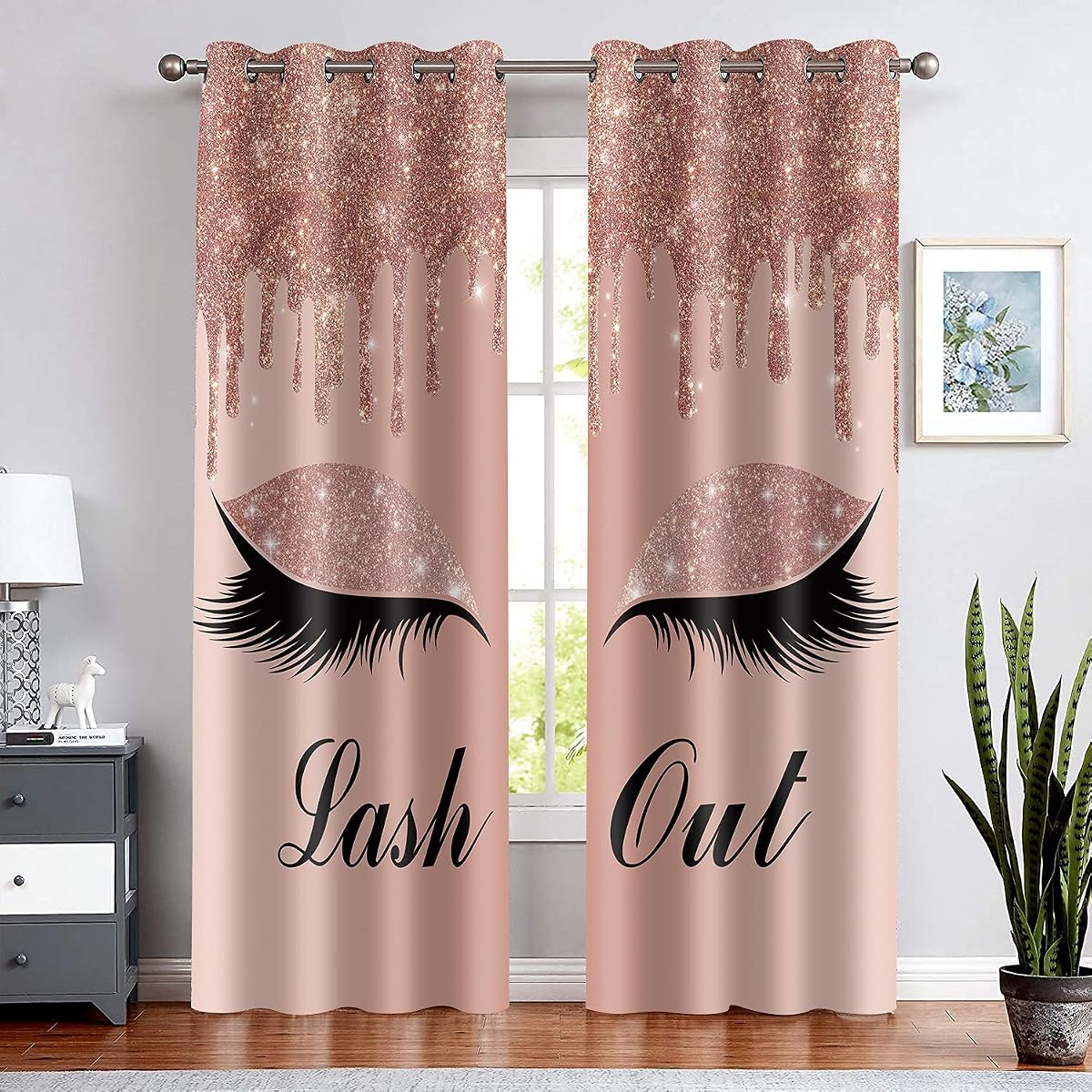 Unicorn Eyelash Print Curtain, Lash Out Pink Gold Drips (No Glitter No Sequin) Room Darkening Thermal Insulated Blackout Window Drapes for Living, Bedroom, 42"x 84", 2 Panels, CLLSSP771