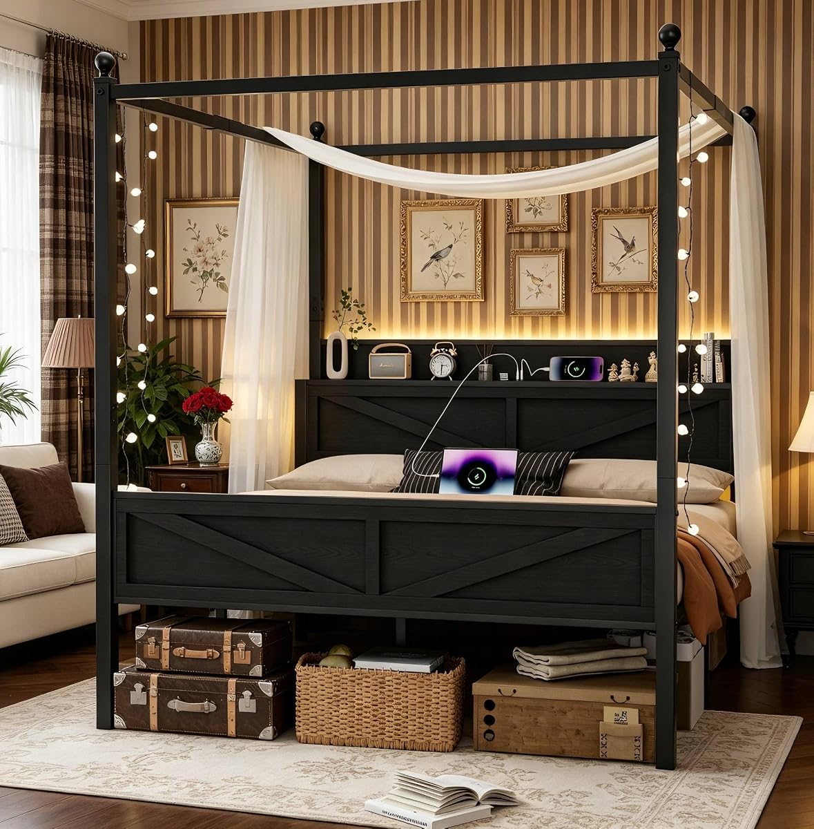 Canopy Bed Frame Queen Size with Storage Headboard, Black