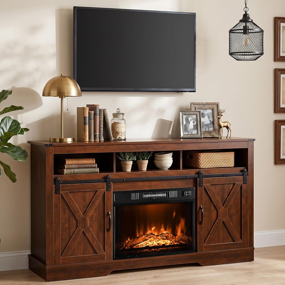 Farmhouse 34" Tall Fireplace TV Stand for 65+ Inch TV