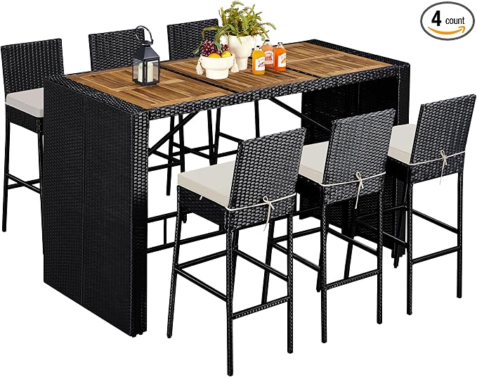 7 Piece Patio Dining Set Outdoor Acacia Wood Bar Table and Chairs, view 2