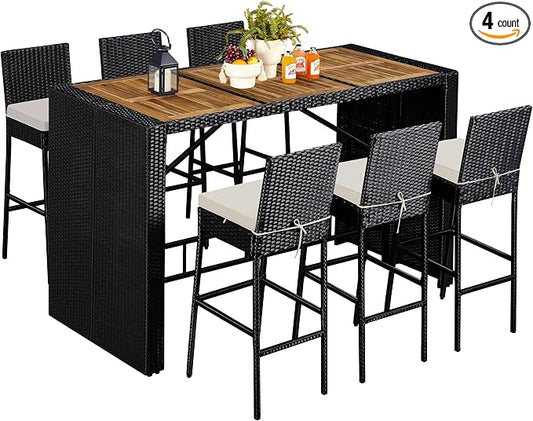 7 Piece Patio Dining Set Outdoor Acacia Wood Bar Table and Chairs, view 2