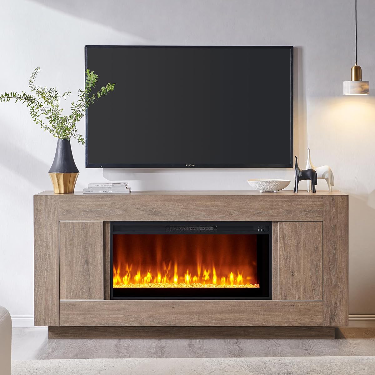 70" Fireplace TV Stand for 80" TV, Thick Block Media Console,Alder Grey