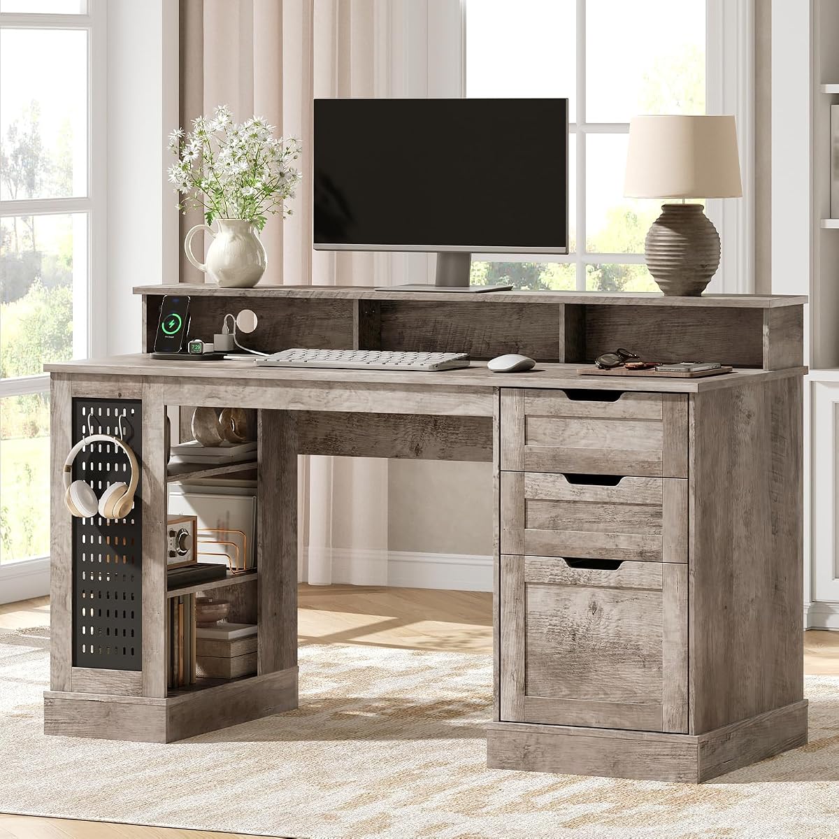 55-Inch Farmhouse Executive Desk with 2 Drawers and File Cabinet