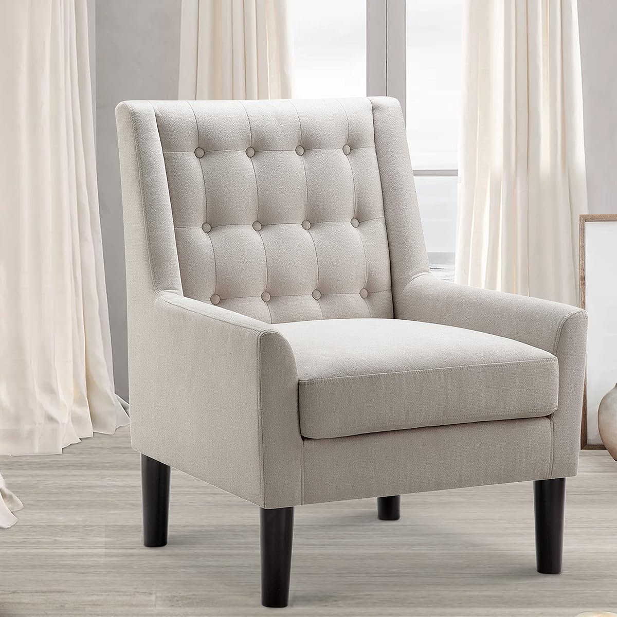 Accent Chair - Button Tufted Armchair for Living Room, Bedroom, Reading - Mid-Century Modern Lounge Chair Set - Natural