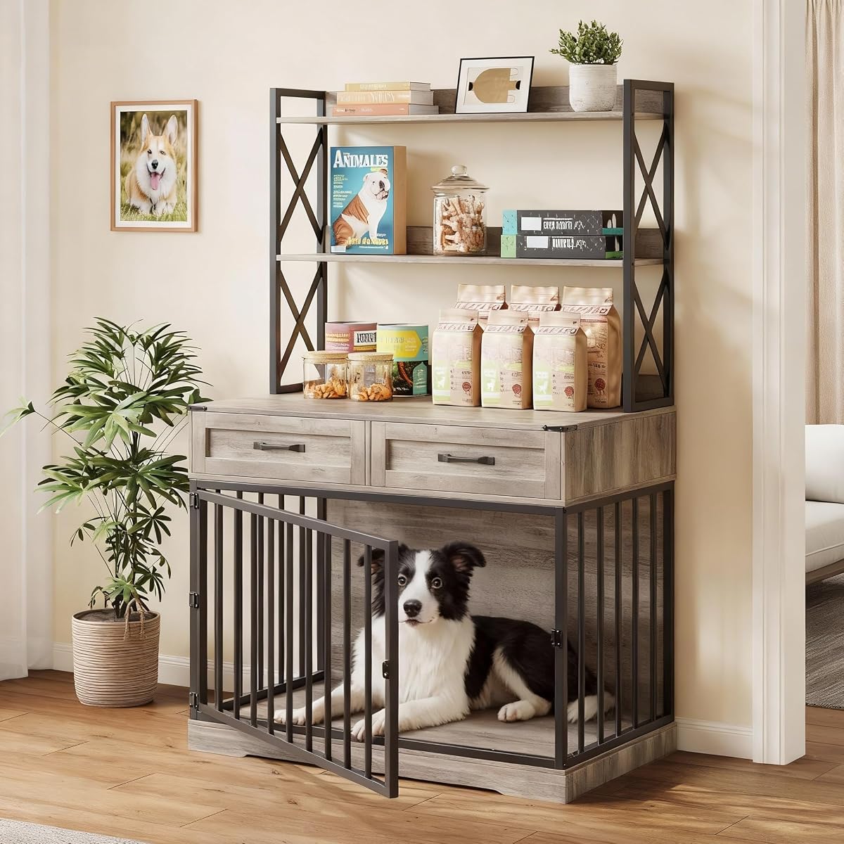 42”×65.4”Dog Crate Furniture, Pet Cage with Storage Drawers & Shelves