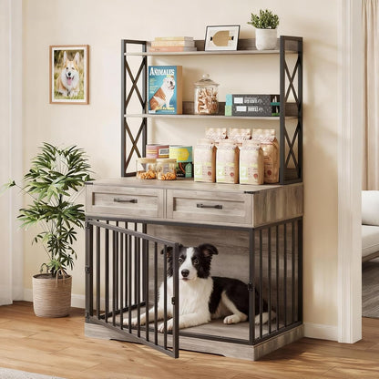 42”×65.4”Dog Crate Furniture, Pet Cage with Storage Drawers & Shelves