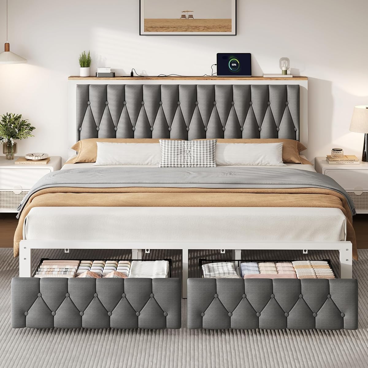 King Bed Frame with 2 Storage Drawers