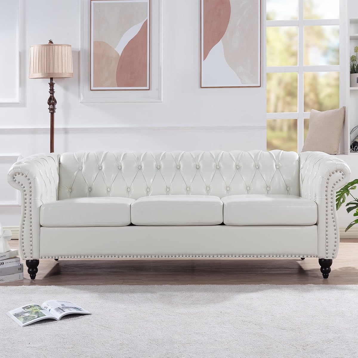 Chesterfield Sofa, Classic Tufted Upholstered Leather Couch, Modern 3 Seater Couch Furniture with Tufted Back for Living Room Office (Cream White)