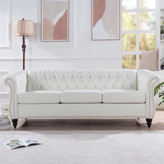 Chesterfield Sofa, Classic Tufted Upholstered Leather Couch, Modern 3 Seater Couch Furniture with Tufted Back for Living Room Office (Cream White)