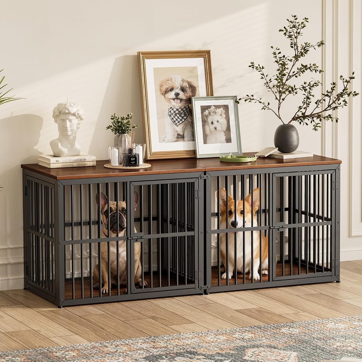 66'' Dog Crate Furniture for 2 Small to Medium Dogs, Walnut