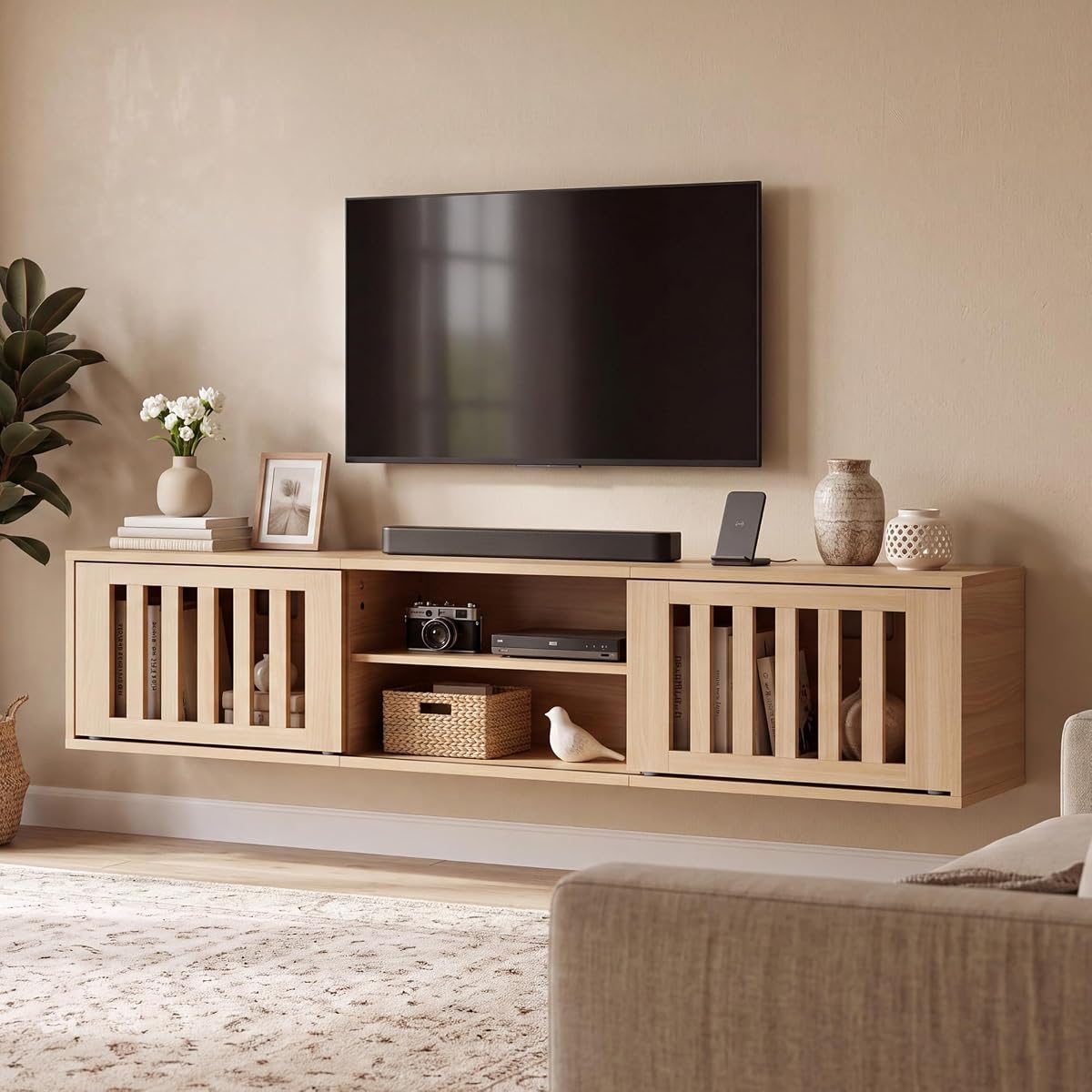 58" Floating TV Stand Wall Mounted with Power Outlet, Natural
