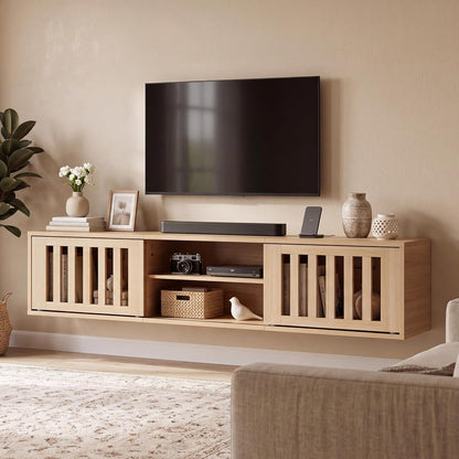 58" Floating TV Stand Wall Mounted with Power Outlet, Natural