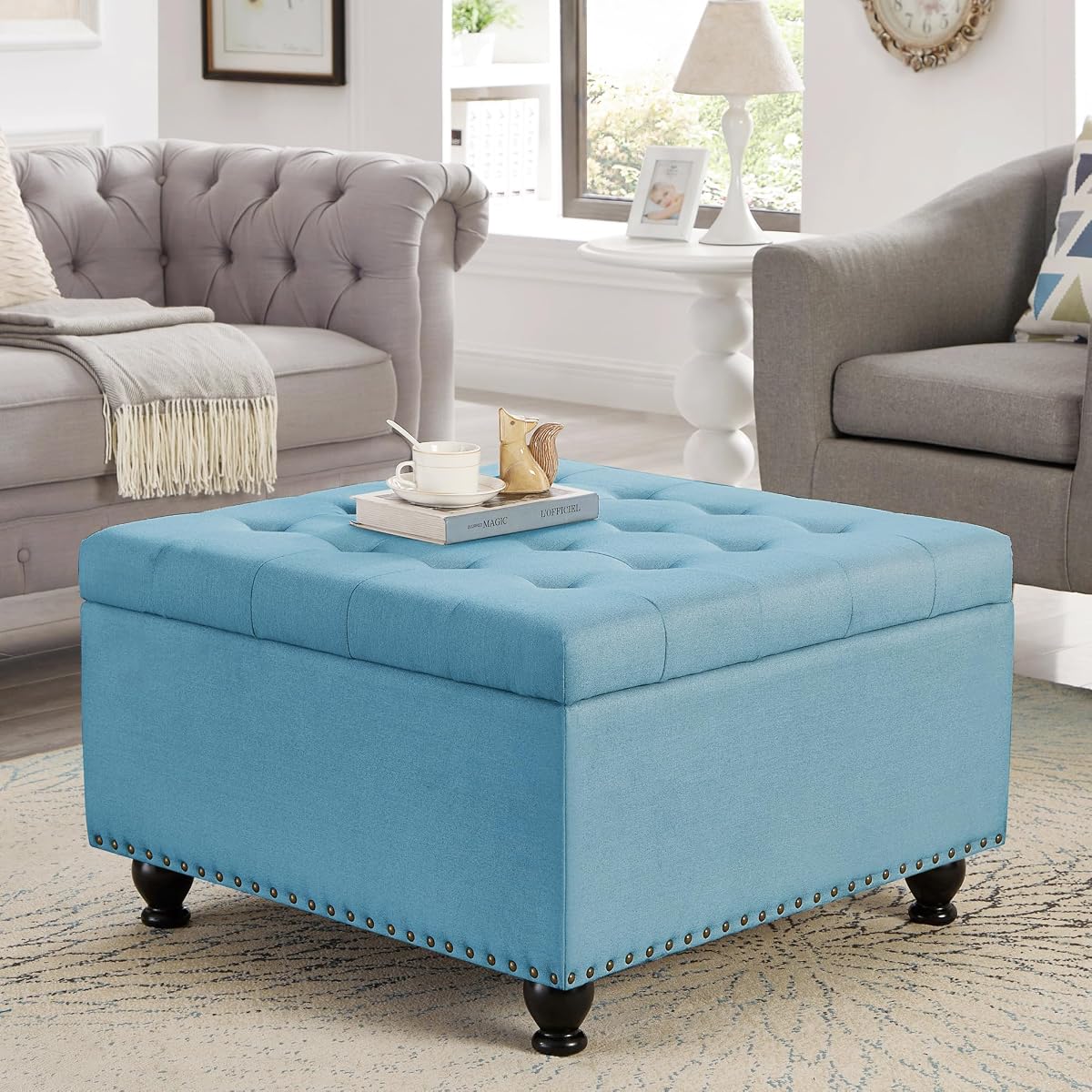 Linen Oversized Storage Ottoman,Large Square Ottoman Bench with Storage,Tufted Sofa Ottomans Footstool,Mid Century Modern Coffee Table for Living Room with Nailhead Trim (Light Blue)
