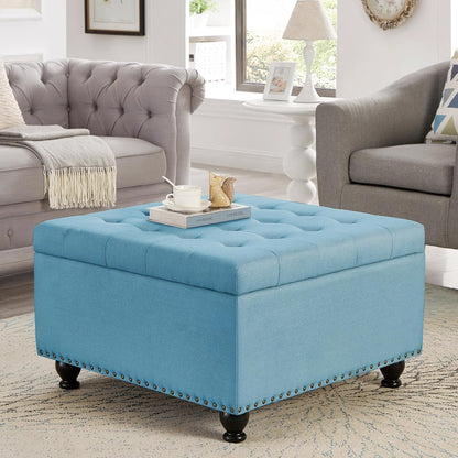 Linen Oversized Storage Ottoman,Large Square Ottoman Bench with Storage,Tufted Sofa Ottomans Footstool,Mid Century Modern Coffee Table for Living Room with Nailhead Trim (Light Blue)
