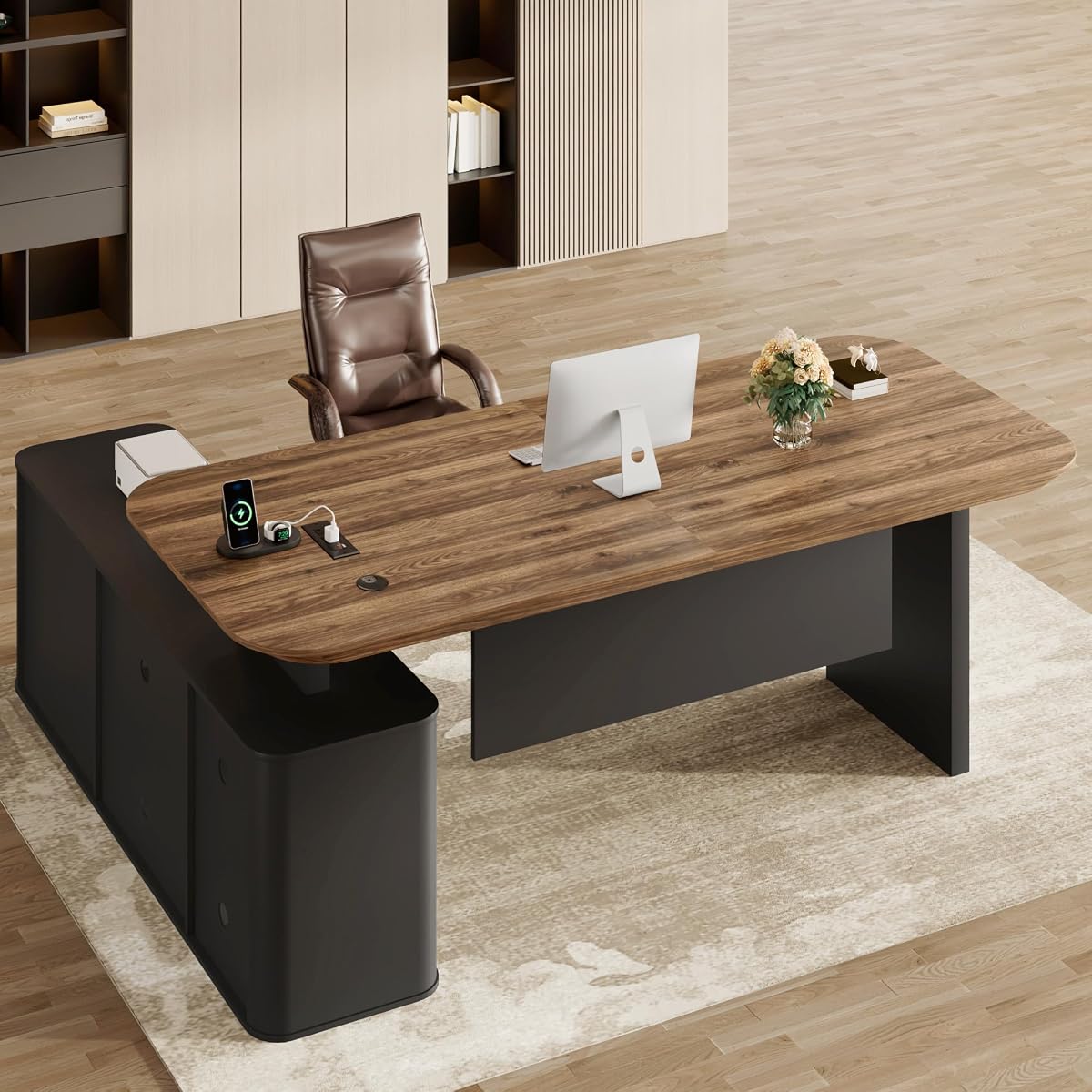 78.7" L Shaped Executive Desk with Drawers, Large Office Desk w/Power Outlets