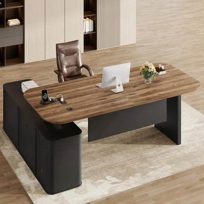 78.7" L Shaped Executive Desk with Drawers, Large Office Desk w/Power Outlets