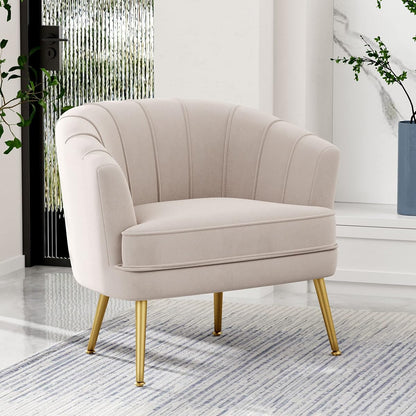 Velvet Accent Chair, Upholstered Modern Single Sofa Side Chair,Comfy Barrel Club Living Room Armchair with Golden Metal Legs for Bedroom Living Reading Room Office, Beige