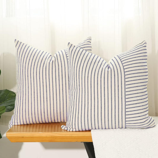 Navy Blue and Beige Patchwork Farmhouse Throw Pillow Covers 18 x 18 Inch