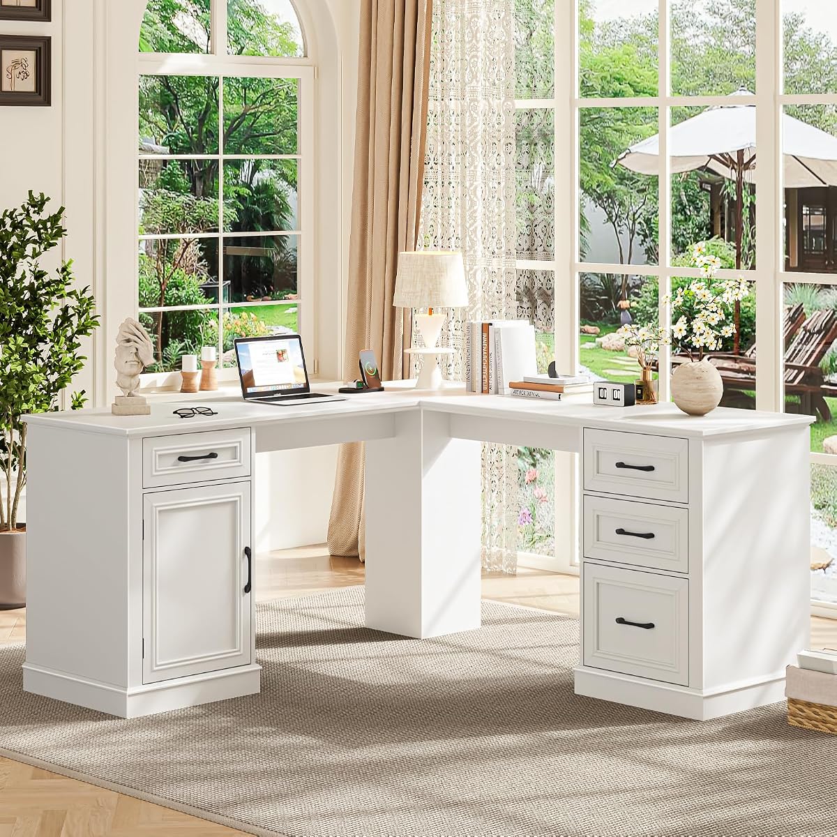 Farmhouse 59" L-Shaped Executive Desk with Drawers, Cream White