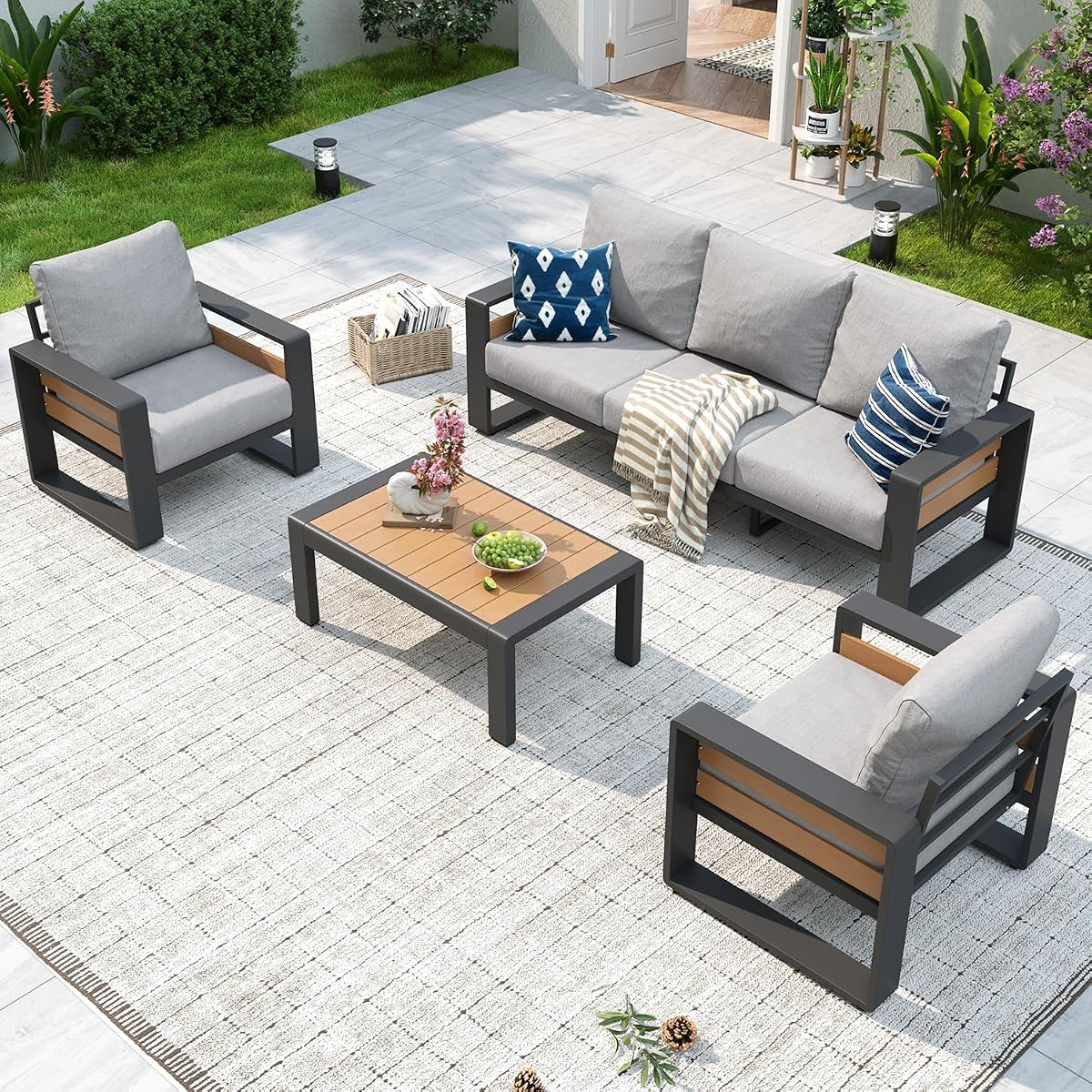 Aluminum Patio Furniture Set, 5 Seats Luxury Outdoor Sectional with 6" Olefin Fabric Cushions, Patio Conversation Sets with Coffee Table for Backyard, Porch Light Grey