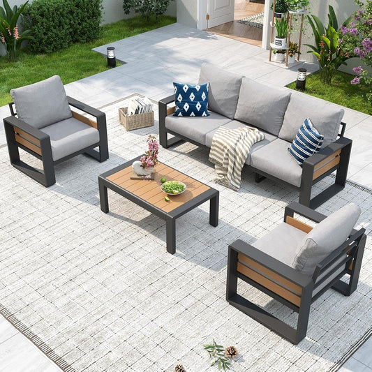 Aluminum Patio Furniture Set, 5 Seats Luxury Outdoor Sectional with 6" Olefin Fabric Cushions, Patio Conversation Sets with Coffee Table for Backyard, Porch Light Grey